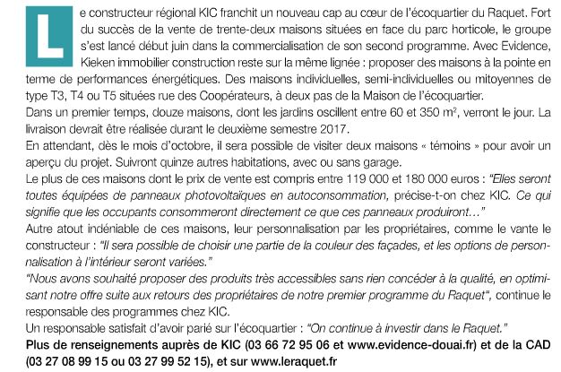 Article du journal de la CAD sur Evidence, Evidence, nouveau programme immobilier dans le Douaisis de KIC